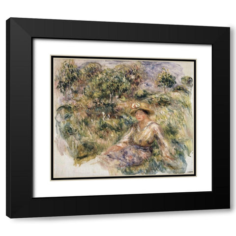 Femme en bleu en chapeau assise sur lherbe Black Modern Wood Framed Art Print with Double Matting by Renoir, Pierre-Auguste