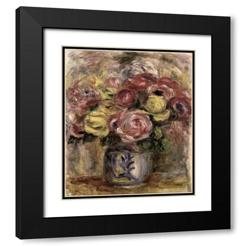 Flowers in a Blue and White Vase Black Modern Wood Framed Art Print with Double Matting by Renoir, Pierre-Auguste