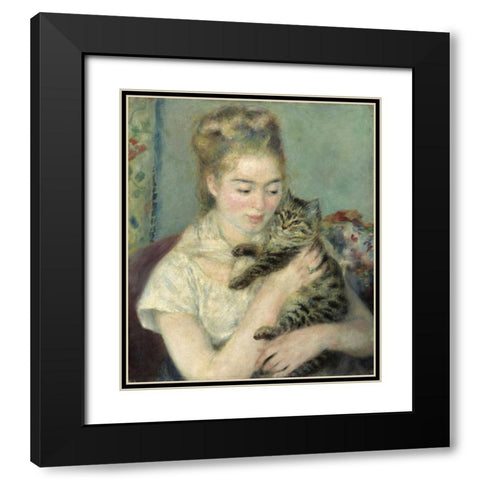 Woman with a Cat Black Modern Wood Framed Art Print with Double Matting by Renoir, Pierre-Auguste