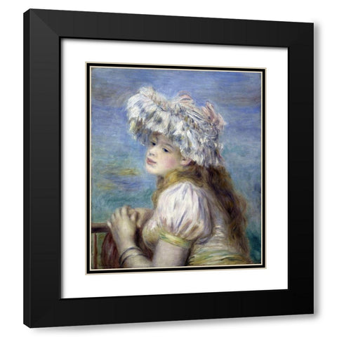 Young Girl in a Lace Hat Black Modern Wood Framed Art Print with Double Matting by Renoir, Pierre-Auguste