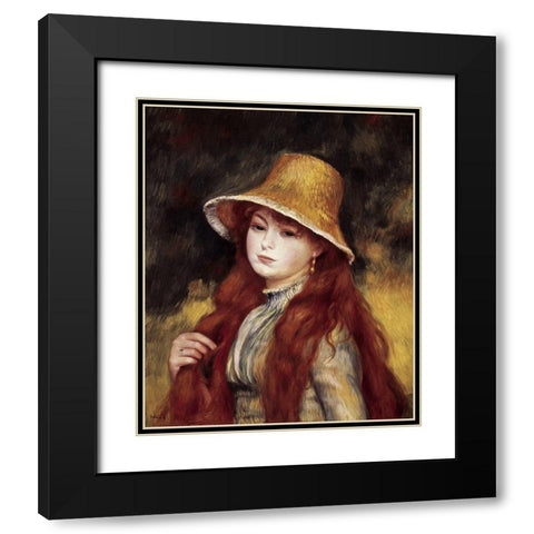 Young Girl in a Straw Hat Black Modern Wood Framed Art Print with Double Matting by Renoir, Pierre-Auguste