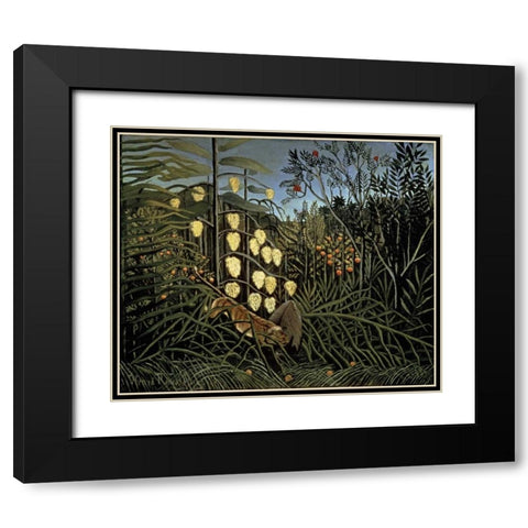 Tropical Forest: Battling Tiger and Bull Black Modern Wood Framed Art Print with Double Matting by Rousseau, Henri