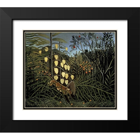 Tropical Forest: Battling Tiger and Bull Black Modern Wood Framed Art Print with Double Matting by Rousseau, Henri