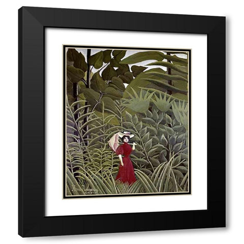 Woman with an Umbrella in an Exotic Forest Black Modern Wood Framed Art Print with Double Matting by Rousseau, Henri