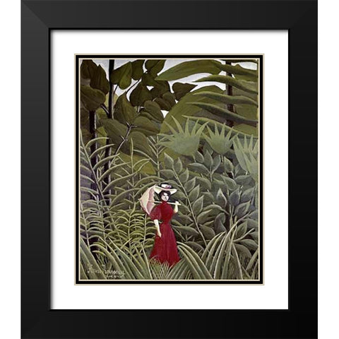 Woman with an Umbrella in an Exotic Forest Black Modern Wood Framed Art Print with Double Matting by Rousseau, Henri
