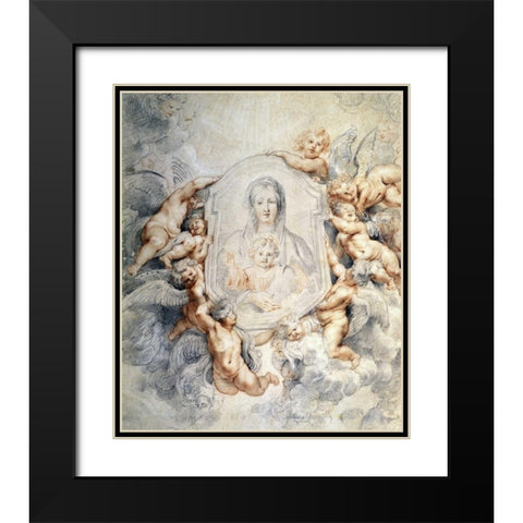 Image of the Virgin Portrayed with Angels Black Modern Wood Framed Art Print with Double Matting by Rubens, Peter Paul