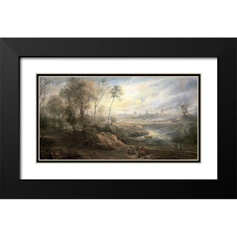 Landscape With a Bird-Catcher Black Modern Wood Framed Art Print with Double Matting by Rubens, Peter Paul