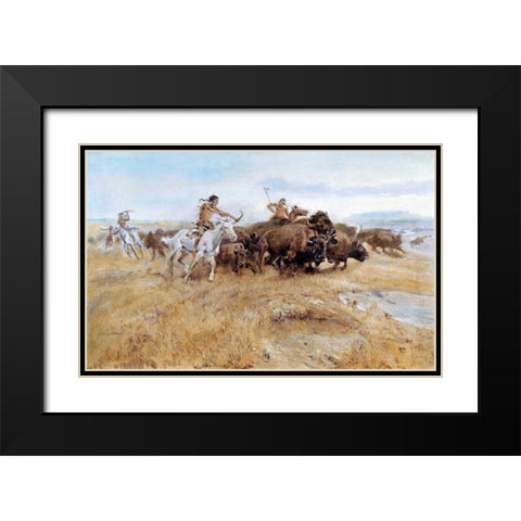 Buffalo Hunt Black Modern Wood Framed Art Print with Double Matting by Russell, Charles M.