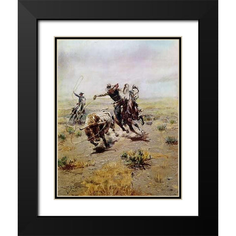 Cowboy Roping a Steer Black Modern Wood Framed Art Print with Double Matting by Russell, Charles