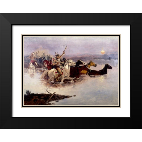 Crossing The River Black Modern Wood Framed Art Print with Double Matting by Russell, Charles M.