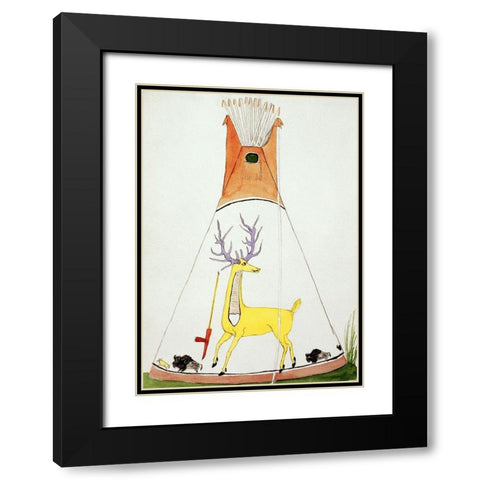 Teepee With Large Yellow Deer and Small Buffalo Black Modern Wood Framed Art Print with Double Matting by Silverhorn