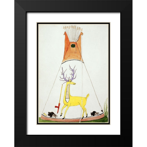 Teepee With Large Yellow Deer and Small Buffalo Black Modern Wood Framed Art Print with Double Matting by Silverhorn