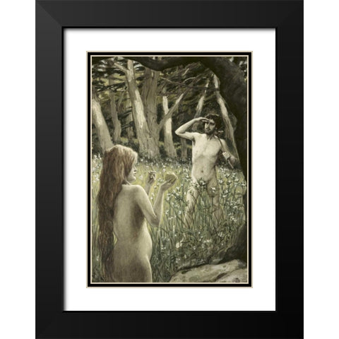 Adam Tempted by Eve Black Modern Wood Framed Art Print with Double Matting by Tissot, James Jacques