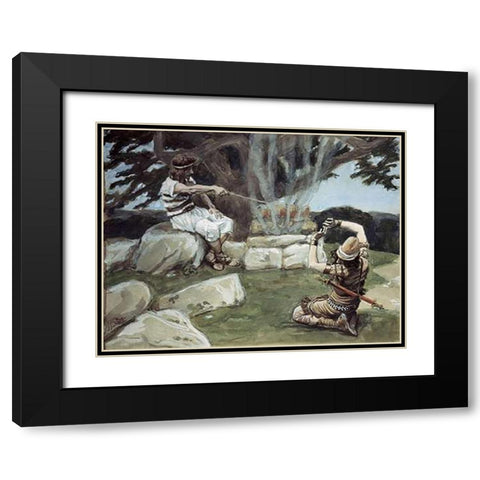 Angel Puts Fire On The Alter of Gideon Black Modern Wood Framed Art Print with Double Matting by Tissot, James