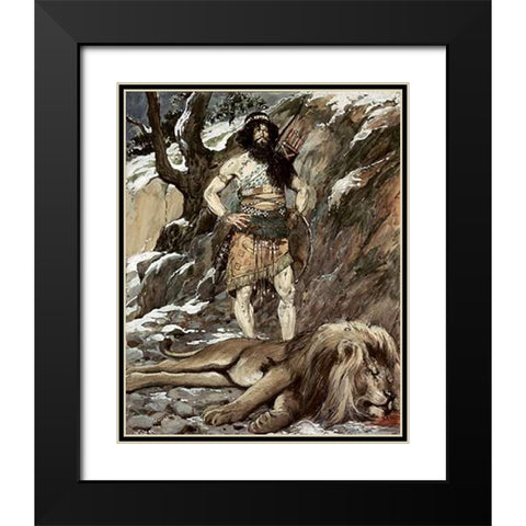 Benaiah, Who Slew The Lion Black Modern Wood Framed Art Print with Double Matting by Tissot, James