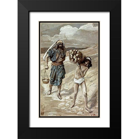 Isaac Bears The Wood For His Sacrifice Black Modern Wood Framed Art Print with Double Matting by Tissot, James