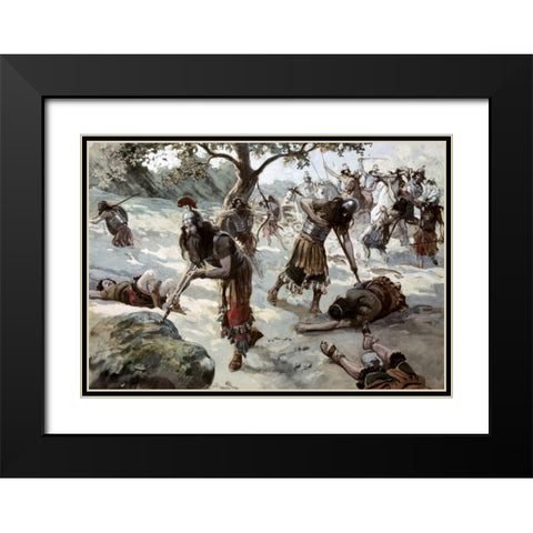 Saul Falls Upon His Sword Black Modern Wood Framed Art Print with Double Matting by Tissot, James Jacques