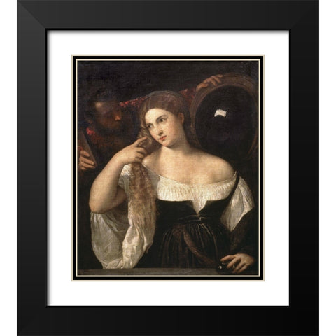 Portrait of a Woman at Her Toilette Black Modern Wood Framed Art Print with Double Matting by Titian