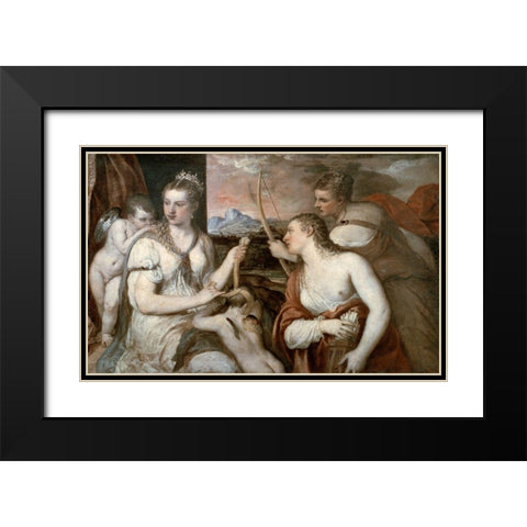 Venus Blindfolding Cupid Black Modern Wood Framed Art Print with Double Matting by Titian
