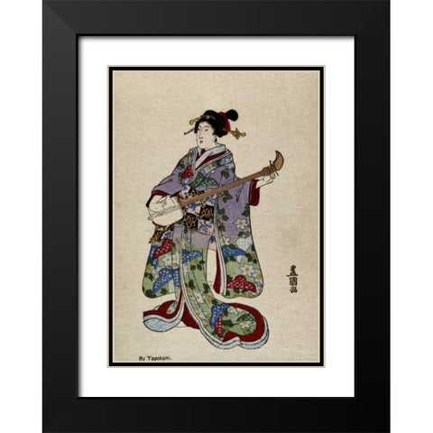 Shamisen II Black Modern Wood Framed Art Print with Double Matting by Toyokuni, Utagawa