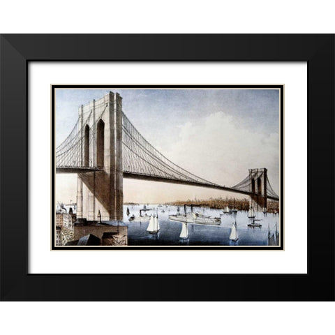Brooklyn Bridge, New York City Black Modern Wood Framed Art Print with Double Matting by Unknown