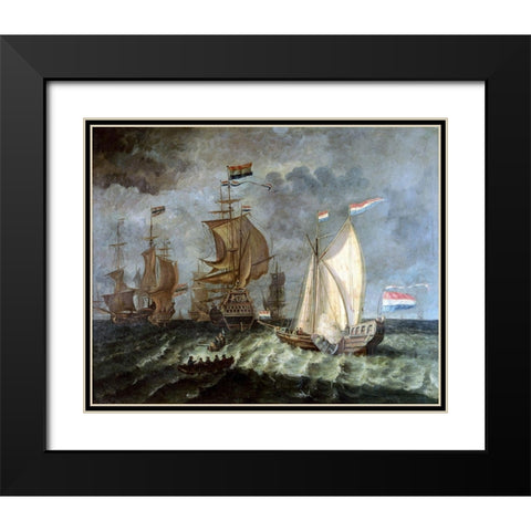 Tall Ships, Full Sail Black Modern Wood Framed Art Print with Double Matting by Unknown
