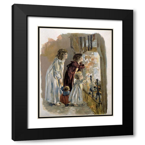 Three Children By Fireplace Black Modern Wood Framed Art Print with Double Matting by Unknown