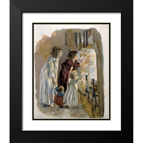 Three Children By Fireplace Black Modern Wood Framed Art Print with Double Matting by Unknown