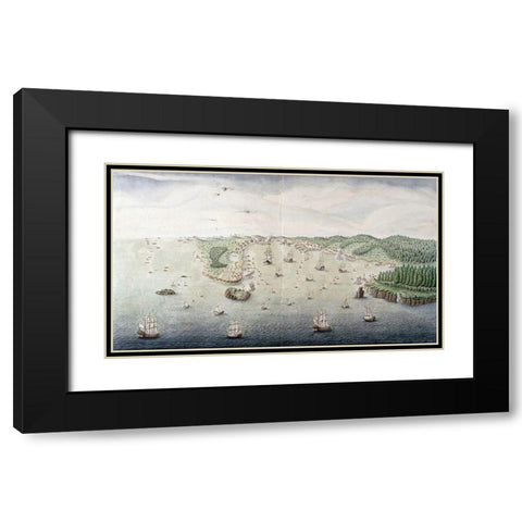 Veue Du Port De Louis - Bourg Dans LIsle Royale Black Modern Wood Framed Art Print with Double Matting by Unknown
