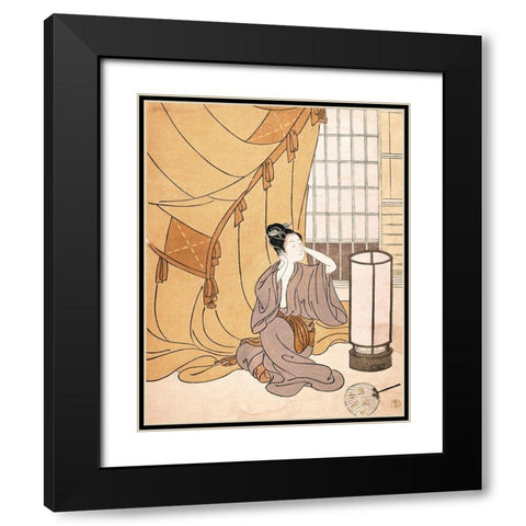 Woman Primping Black Modern Wood Framed Art Print with Double Matting by Unknown