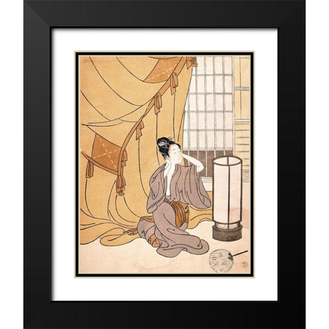 Woman Primping Black Modern Wood Framed Art Print with Double Matting by Unknown