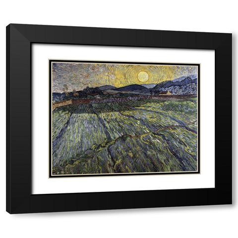 Enclosed Field with Rising Sun, Saint-Remy Black Modern Wood Framed Art Print with Double Matting by Van Gogh, Vincent
