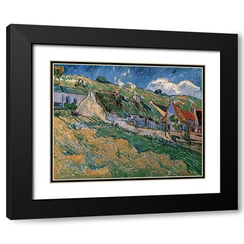 Thatched Cottages Black Modern Wood Framed Art Print with Double Matting by Van Gogh, Vincent