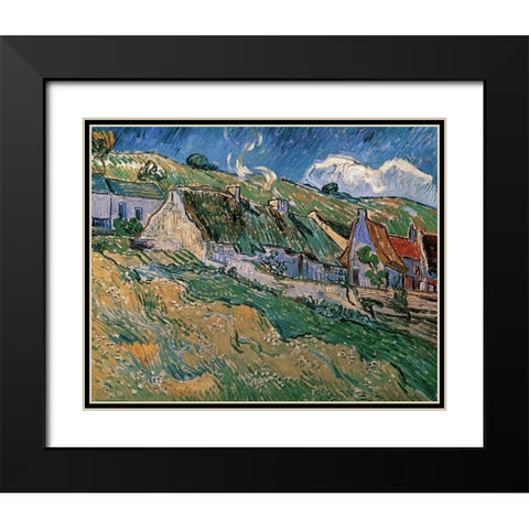 Thatched Cottages Black Modern Wood Framed Art Print with Double Matting by Van Gogh, Vincent