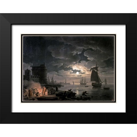 Harbor of Palermo Black Modern Wood Framed Art Print with Double Matting by Vernet, Claude-Joseph