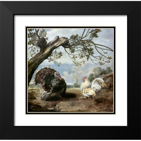 Cock and Turkey Black Modern Wood Framed Art Print with Double Matting by De Vos, Paul