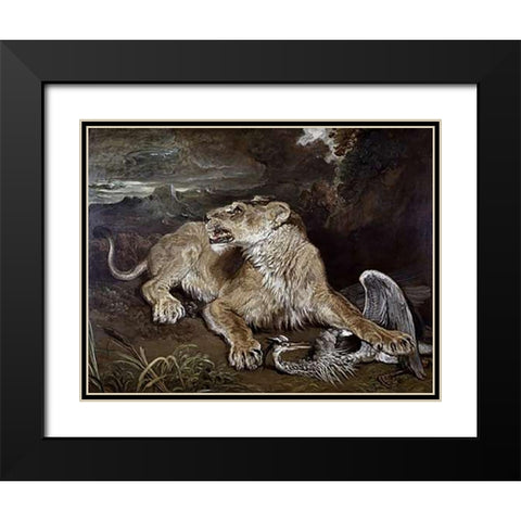 A Lioness and a Heron Black Modern Wood Framed Art Print with Double Matting by Ward, James