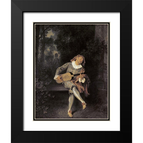 Mezzetin Black Modern Wood Framed Art Print with Double Matting by Watteau, Jean-Antoine