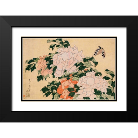 Pink and Red Peonies Black Modern Wood Framed Art Print with Double Matting by Hokusai