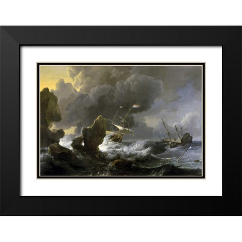Dutch Merchantmen Driven onto a Rocky Coast in a Storm Black Modern Wood Framed Art Print with Double Matting by Backhuysen, Ludolf