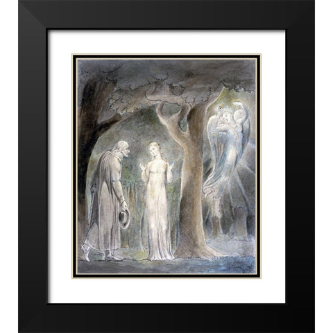 Comus, Disguised as a Rustic, Addresses the Lady in the Wood Black Modern Wood Framed Art Print with Double Matting by Blake, William