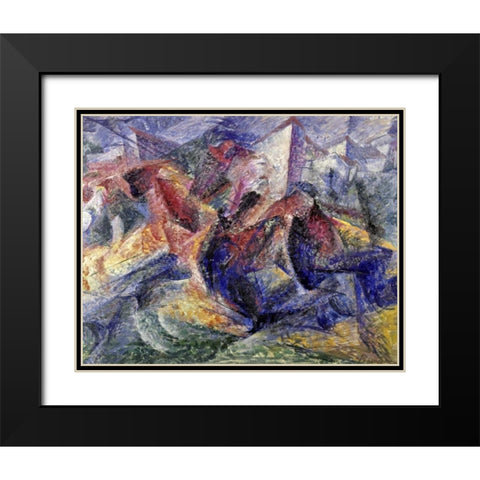 Horse, Horseman and Buildings Black Modern Wood Framed Art Print with Double Matting by Boccioni, Umberto