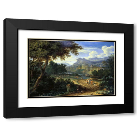 Italian River Landscape with Herdsman and Cattle Black Modern Wood Framed Art Print with Double Matting by Boudewyns
