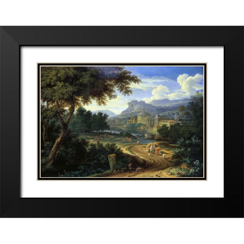 Italian River Landscape with Herdsman and Cattle Black Modern Wood Framed Art Print with Double Matting by Boudewyns