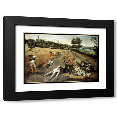 Summer: Harvesters Working and Eating in a Corn Field Black Modern Wood Framed Art Print with Double Matting by Bruegel the Elder, Pieter