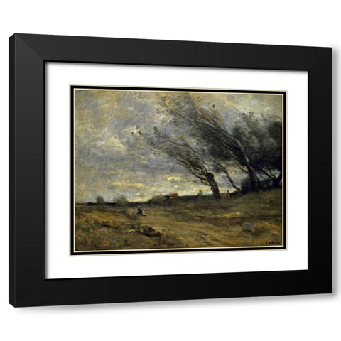A Gust of Wind Black Modern Wood Framed Art Print with Double Matting by Corot, Jean-Baptiste-Camille