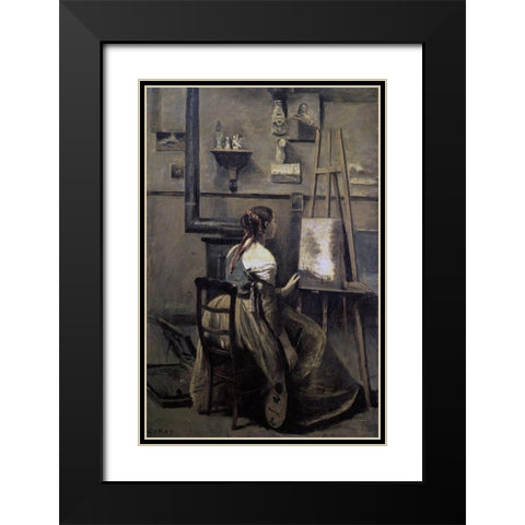 Corots Studio Black Modern Wood Framed Art Print with Double Matting by Corot, Jean-Baptiste-Camille