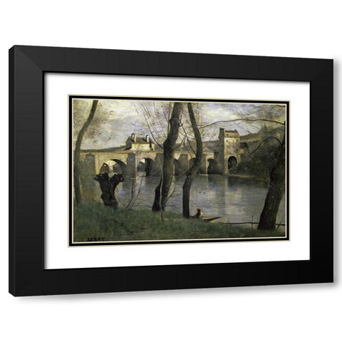 The Bridge of Nantes Black Modern Wood Framed Art Print with Double Matting by Corot, Jean-Baptiste-Camille