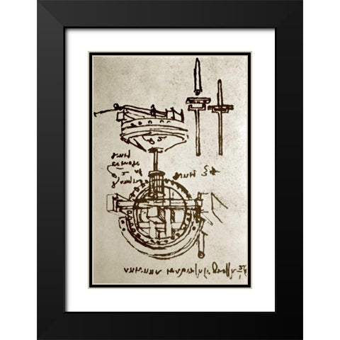 Mechanical Drawings No. 3 Black Modern Wood Framed Art Print with Double Matting by Da Vinci, Leonardo
