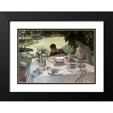 Lunch in the Garden Black Modern Wood Framed Art Print with Double Matting by De Nittis, Giuseppe